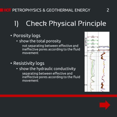 Permeable Zones: Slide 1. Check Physical Principle: Porosity logs show the total porosity, not separating between effective and ineffective pores according to the fluid movement. Resistivity logs show the hydraulic conductivity, separating between effective and ineffective pores according to the fluid movement.