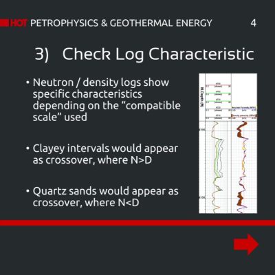 Permeable Zones: Slide 3. Check Log Characteristic: Neutron / density logs show specific characteristics depending on the "compatible scale" used. Clayey intervals would appear as crossover, where N>D. Quartz sands would appear as crossover, where N