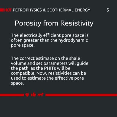 Porosity from Resistivity: Slide 5. The electrically efficient pore space is often greater than the hydrodynamic pore space. The correct estimate on the shale volume and set parameters will guide the path, as the PHITs will be compatible. Now, resistivities can be used to estimate the effective pore space.
