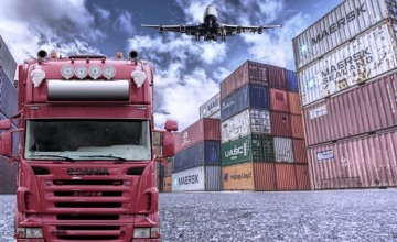 Different supply transportation methods: A truck, a plane, several cargo containers
