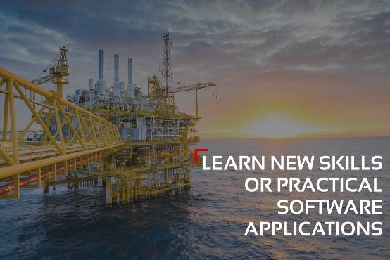 Offshore oil rig with text: "Learn new skills or practical software applications"